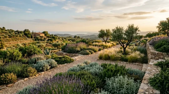 Aménagement paysager méditerranéen résistant à la sécheresse avec plantes vivaces et paillage minéral