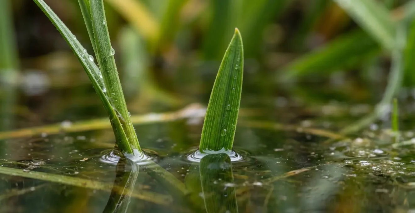 Gros plan macro sur une surface d'eau stagnante avec végétation de zone humide illustrant le risque de prolifération des moustiques