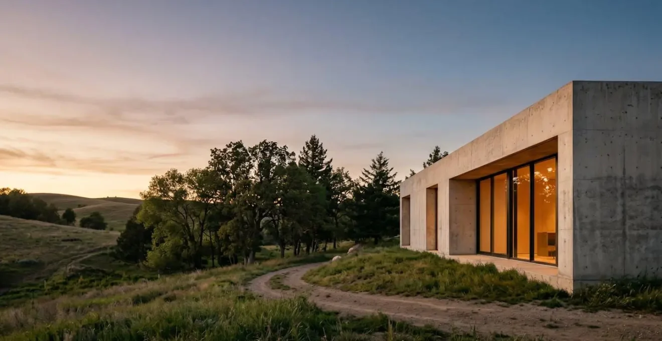 Maison contemporaine en béton préfabriqué intégrée harmonieusement dans son environnement naturel illustrant le concept d'inertie thermique passive