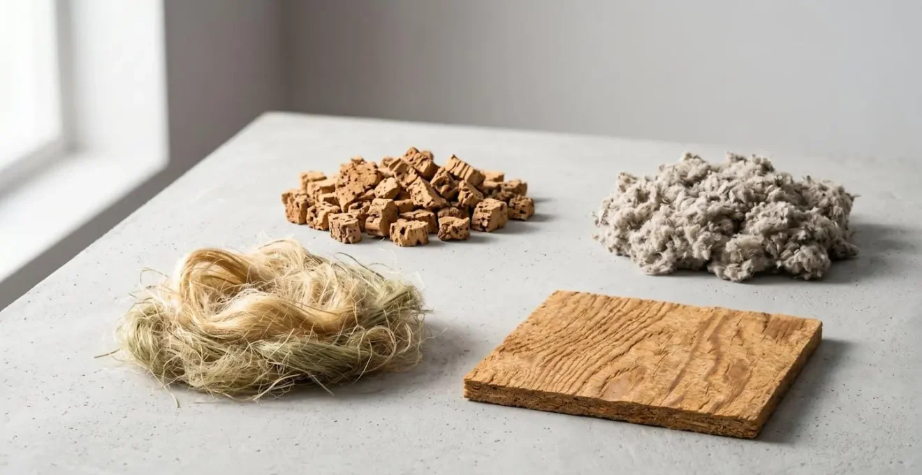 Composition de matériaux d'isolation biosourcés montrant textures naturelles et fibres végétales