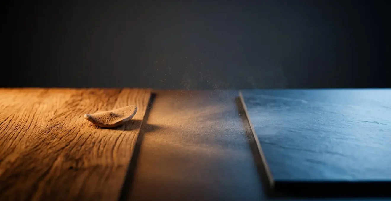 Représentation conceptuelle du transfert de chaleur à travers un matériau dense en fibre de bois montrant l'absorption progressive de l'énergie thermique