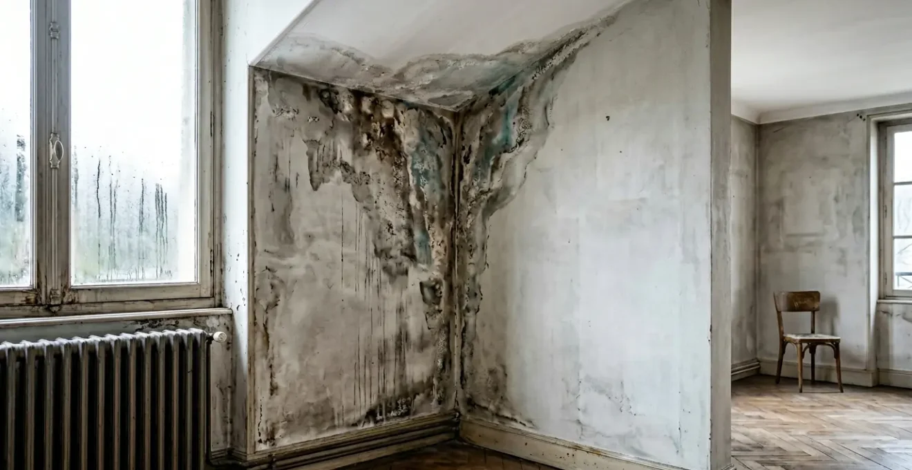 Traces d'humidité et de moisissure noire dans l'angle d'un plafond révélant un pont thermique et de la condensation hivernale