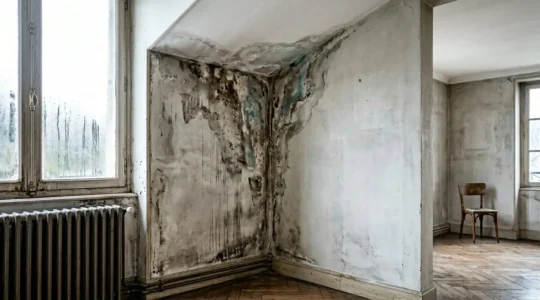 Traces d'humidité et de moisissure noire dans l'angle d'un plafond révélant un pont thermique et de la condensation hivernale