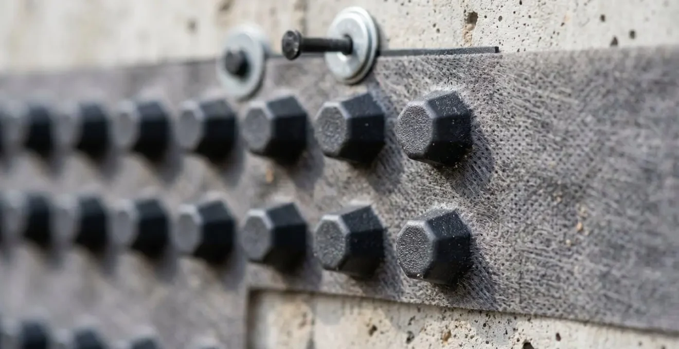 Vue rapprochée d'une nappe à excroissances Delta MS installée sur un mur de fondation avant remblaiement