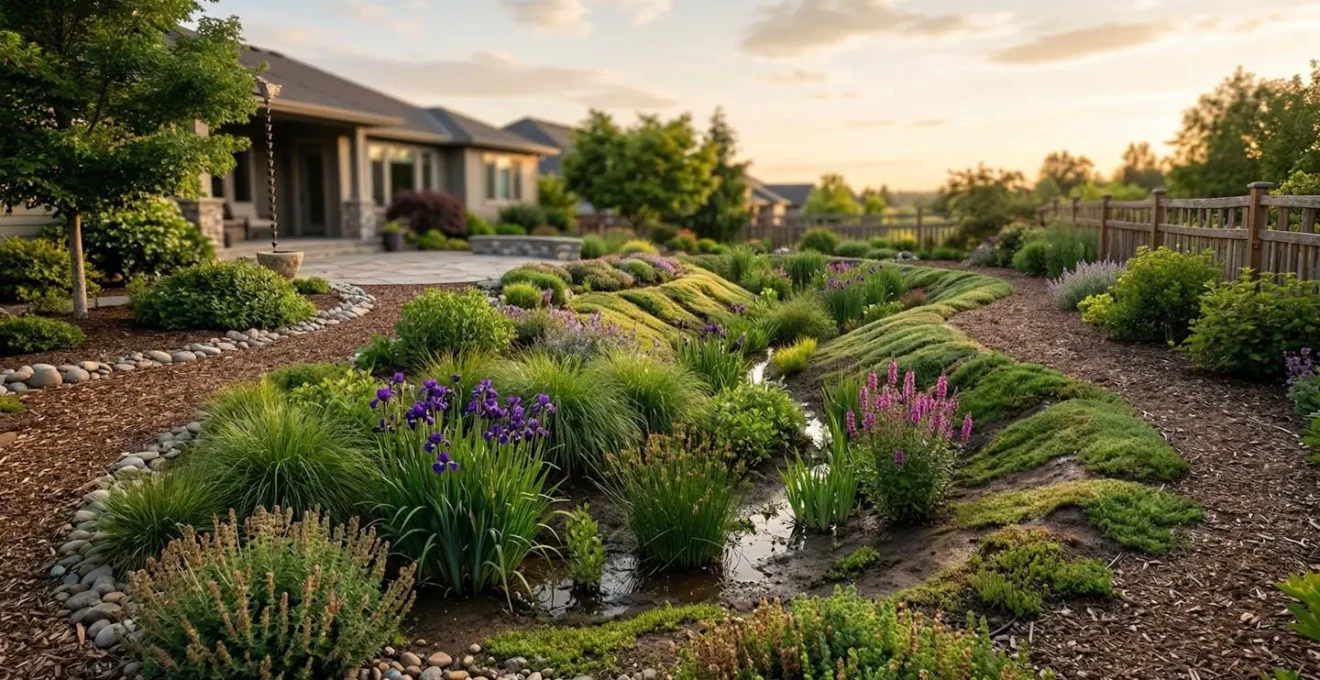 Vue large d'une noue végétalisée en creux intégrée harmonieusement dans un jardin résidentiel gérant les eaux de ruissellement
