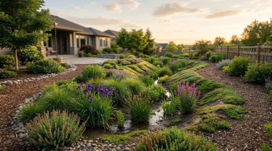 Vue large d'une noue végétalisée en creux intégrée harmonieusement dans un jardin résidentiel gérant les eaux de ruissellement