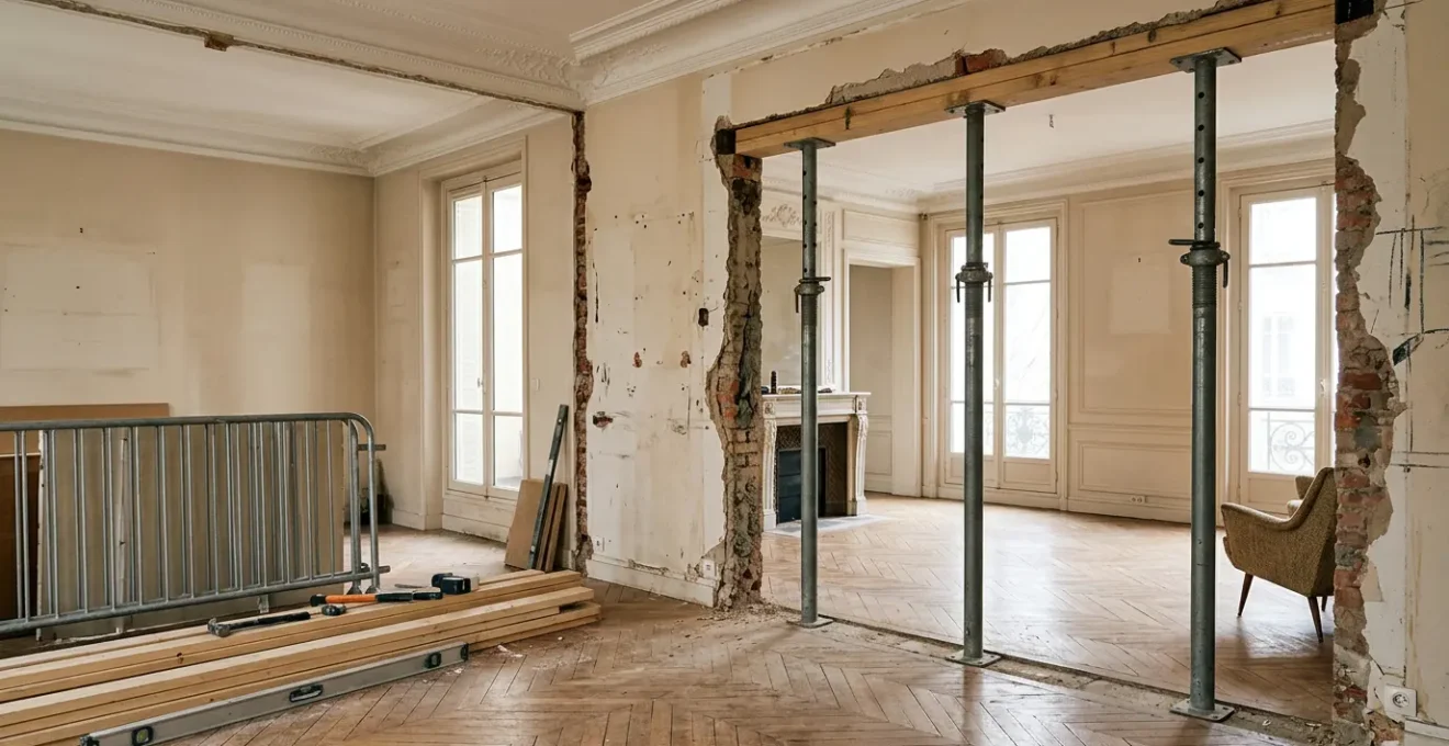 Vue architecturale d'un appartement en rénovation montrant une ouverture dans un mur porteur avec dispositif d'étayage professionnel