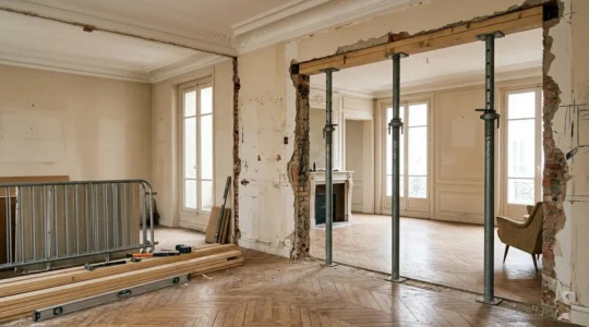 Vue architecturale d'un appartement en rénovation montrant une ouverture dans un mur porteur avec dispositif d'étayage professionnel