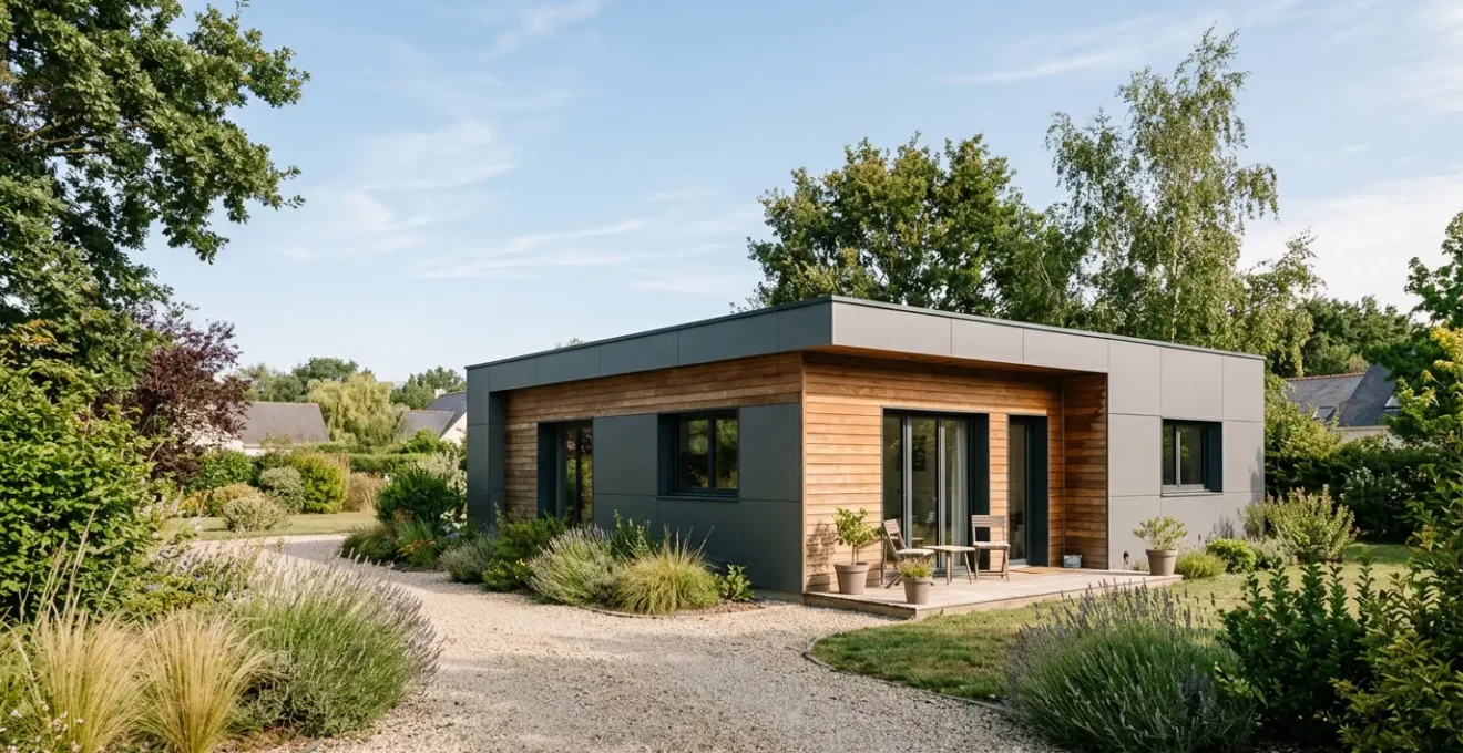 Vue extérieure d'un pavillon résidentiel moderne avec isolation thermique par l'extérieur et bardage contemporain