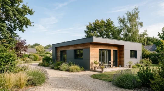 Vue extérieure d'un pavillon résidentiel moderne avec isolation thermique par l'extérieur et bardage contemporain