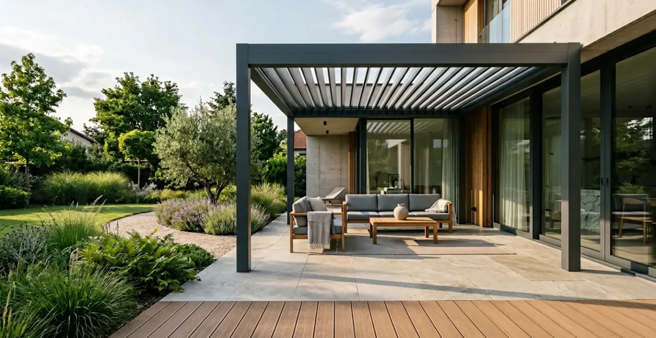 Pergola bioclimatique moderne avec lames orientables aluminium sur terrasse contemporaine