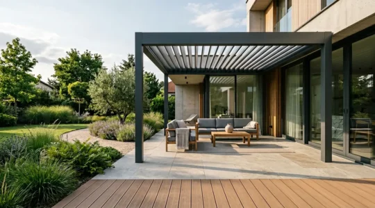 Pergola bioclimatique moderne avec lames orientables aluminium sur terrasse contemporaine