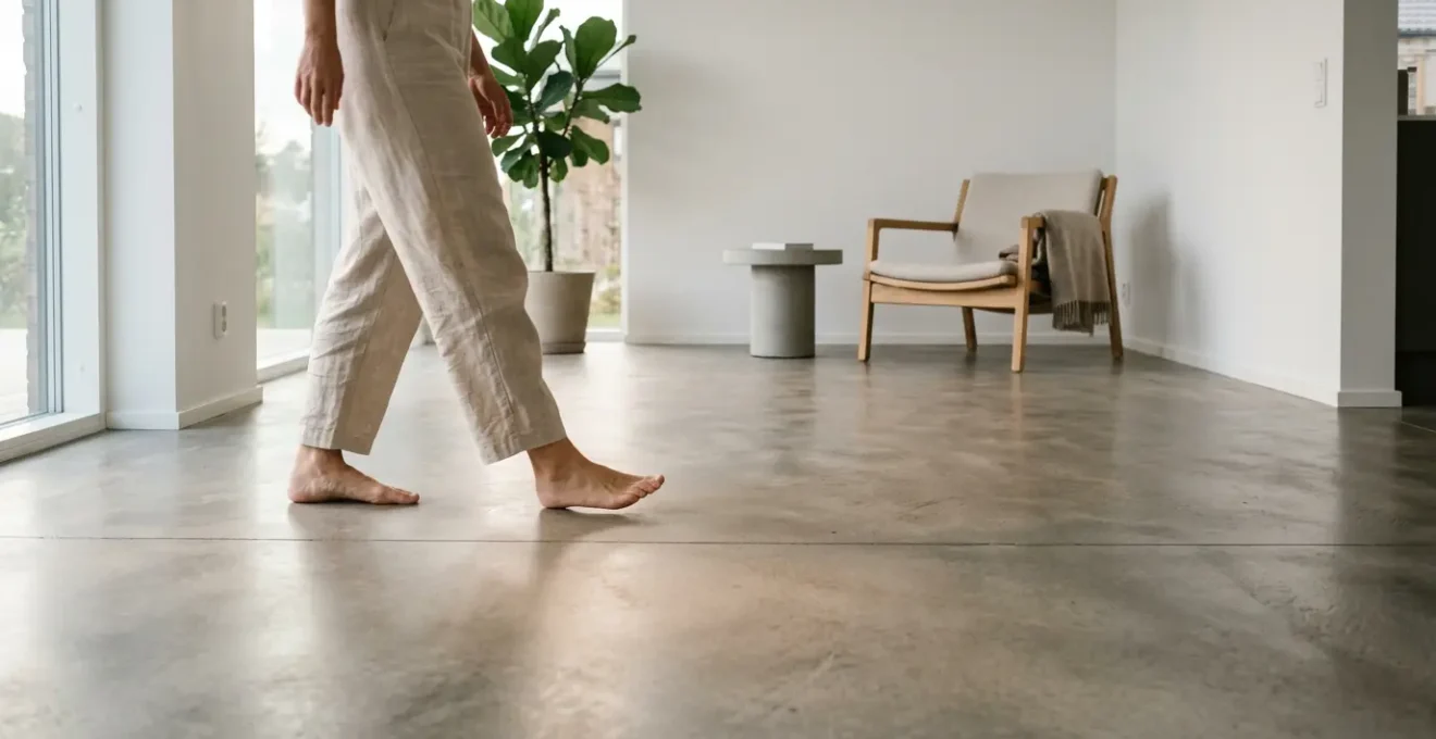 Vue en coupe d'un système de plancher chauffant moderne avec chape fluide et tuyaux hydrauliques intégrés