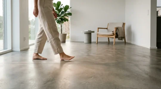 Vue en coupe d'un système de plancher chauffant moderne avec chape fluide et tuyaux hydrauliques intégrés