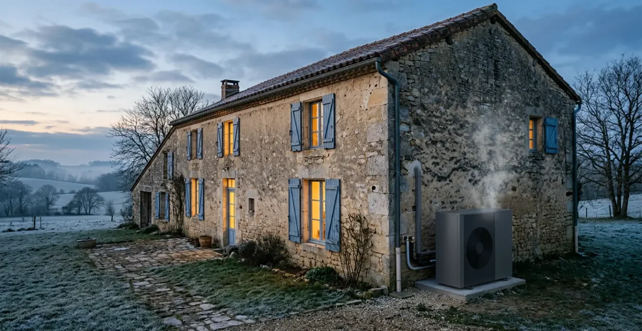 Système de pompe à chaleur hybride moderne pour chauffer une grande maison ancienne en hiver