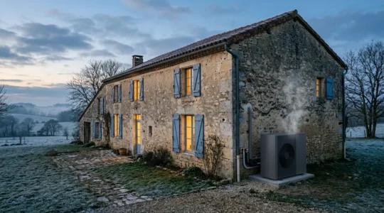 Système de pompe à chaleur hybride moderne pour chauffer une grande maison ancienne en hiver
