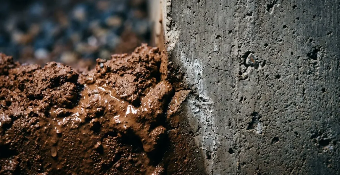 Coupe technique montrant la pression exercée par un sol argileux gorgé d'eau sur un mur de fondation avec fissures caractéristiques