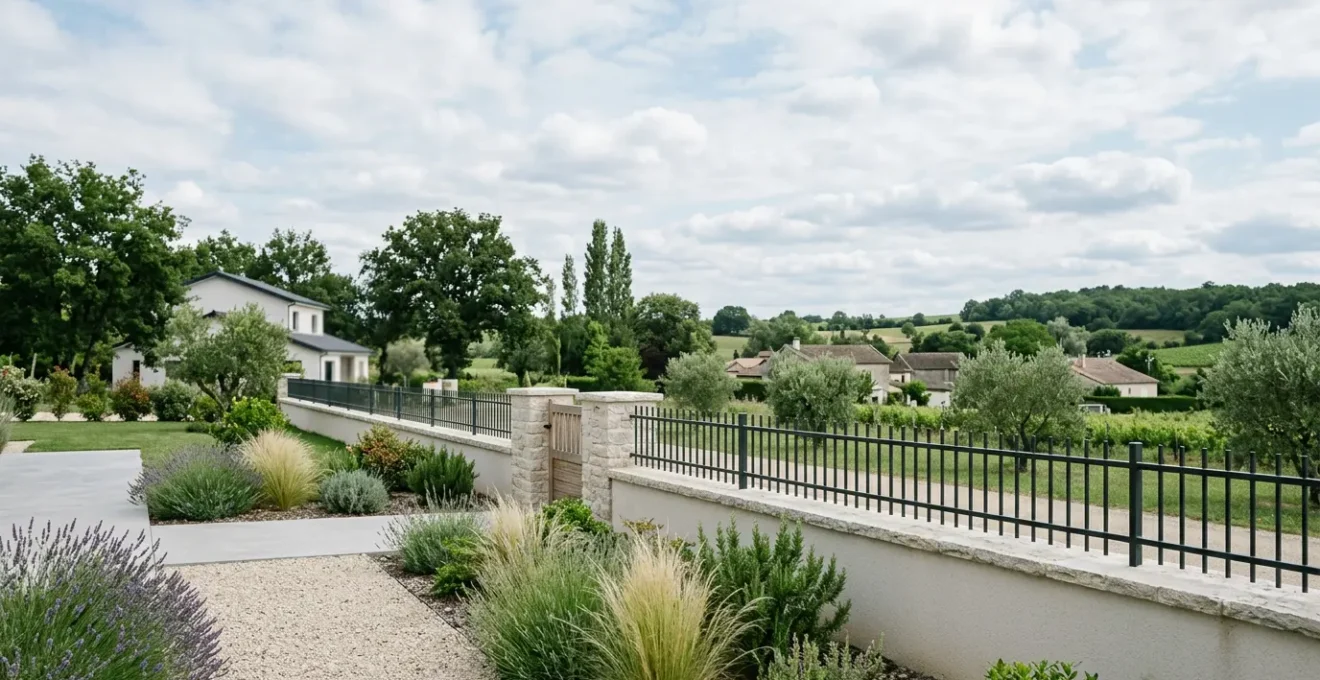 Limite de propriété résidentielle avec clôture contemporaine respectant le plan local d'urbanisme