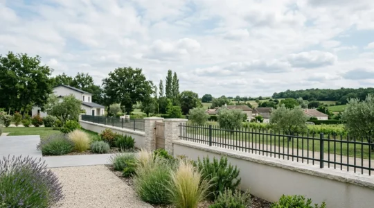 Limite de propriété résidentielle avec clôture contemporaine respectant le plan local d'urbanisme