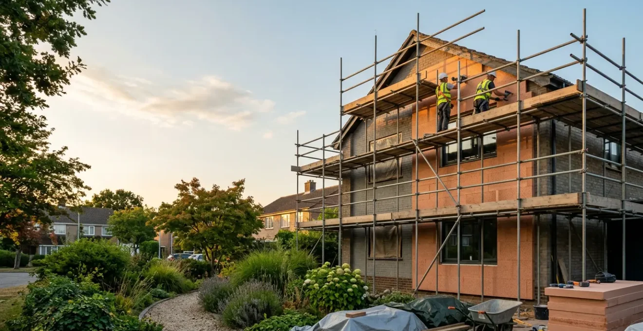 Maison en rénovation énergétique avec isolation extérieure et matériaux écologiques