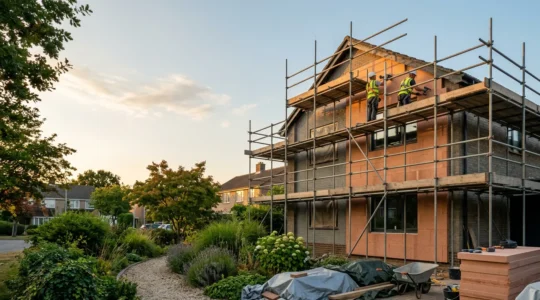 Maison en rénovation énergétique avec isolation extérieure et matériaux écologiques