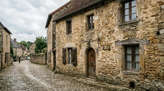Façade d'une bâtisse ancienne en pierre moellons avec intervention de renforcement parasismique discrète