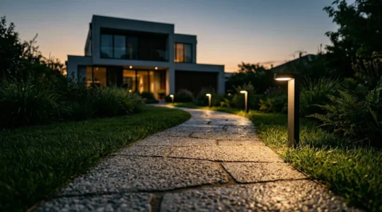 Installation professionnelle d'éclairage LED enterré le long d'une allée de jardin avec système d'étanchéité IP68