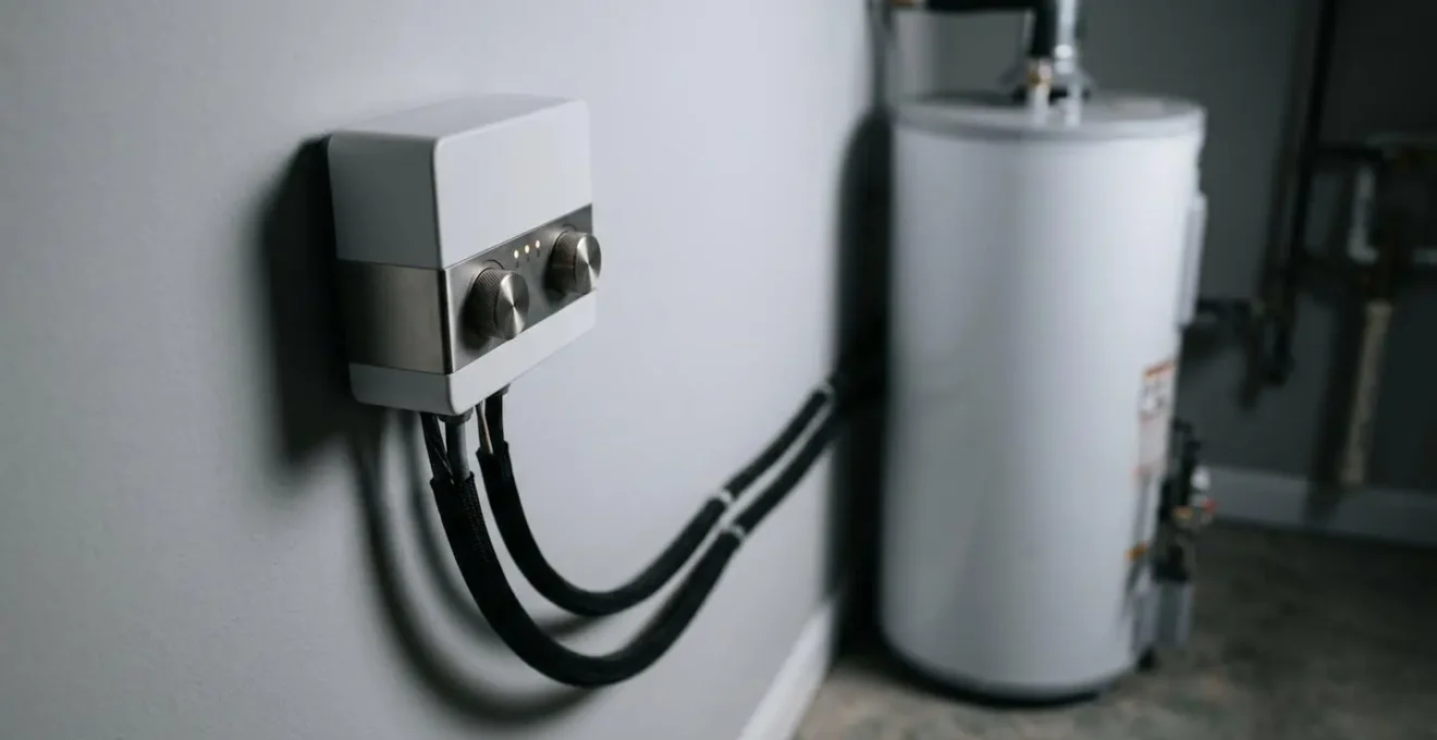 Vue rapprochée d'un boîtier électronique moderne et épuré installé à côté d'un chauffe-eau, avec des câbles électriques soigneusement organisés