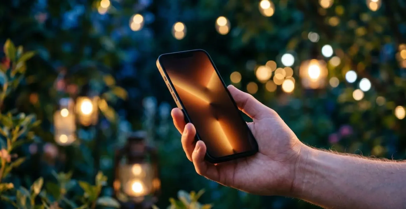 Main tenant un smartphone dans un jardin au crépuscule pour piloter l'éclairage ambiant de la terrasse
