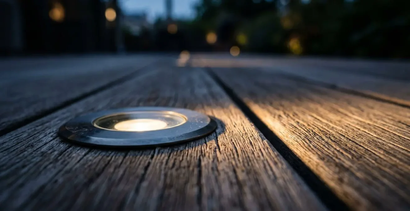 Spot LED encastré dans une terrasse en bois avec éclairage indirect évitant l'éblouissement