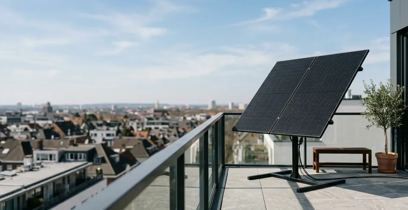 Station solaire plug and play installée sur une terrasse ensoleillée avec panneaux photovoltaïques inclinés