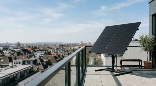 Station solaire plug and play installée sur une terrasse ensoleillée avec panneaux photovoltaïques inclinés
