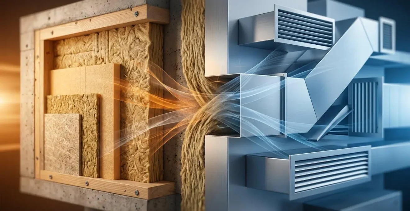 Visualisation abstraite de la synergie entre isolation thermique et système de ventilation performant