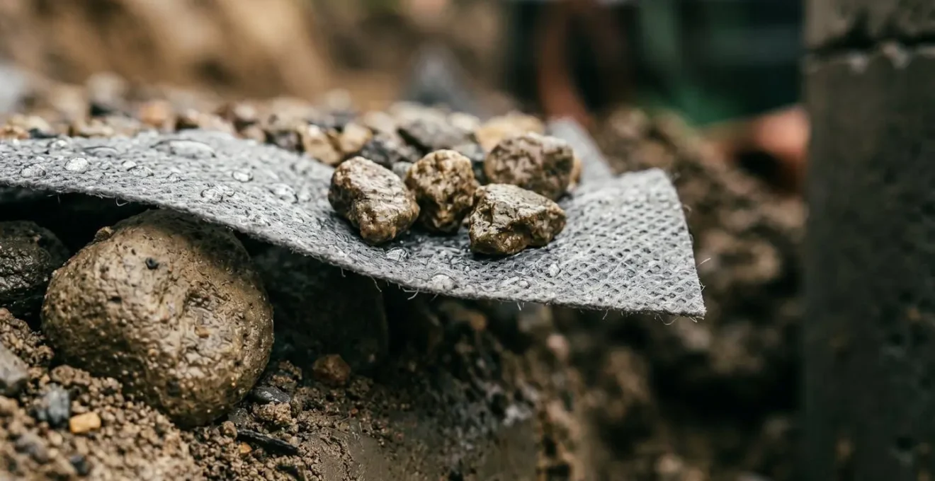 Vue macro détaillée d'un système de drainage avec géotextile filtrant et graviers drainants derrière un mur de soutènement