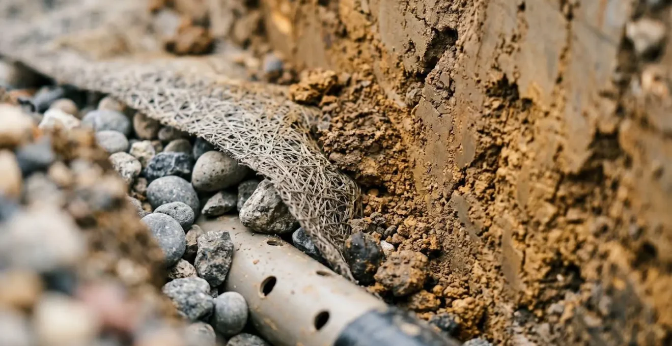 Installation d'un système de drainage périphérique avec géotextile et graviers autour des fondations d'une maison pour stabiliser l'humidité du sol argileux