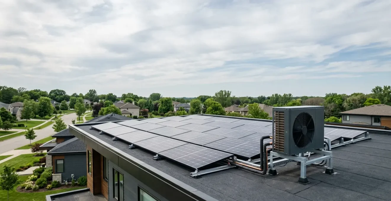 Installation moderne de panneaux solaires sur toiture avec pompe a chaleur pour autonomie energetique