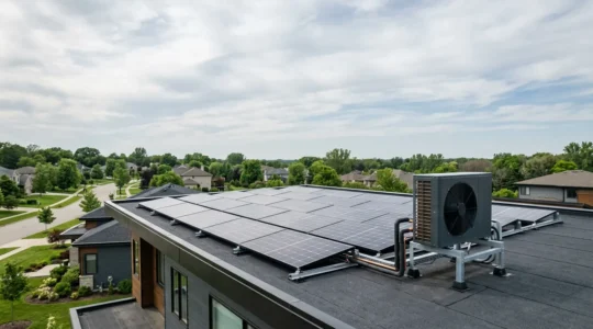 Installation moderne de panneaux solaires sur toiture avec pompe a chaleur pour autonomie energetique