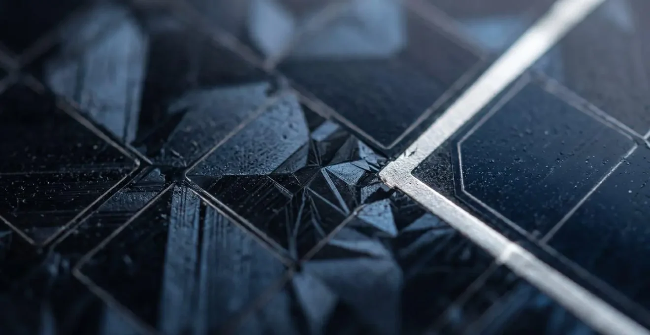 Gros plan sur une cellule photovoltaïque monocristalline montrant les détails de surface et la structure cristalline