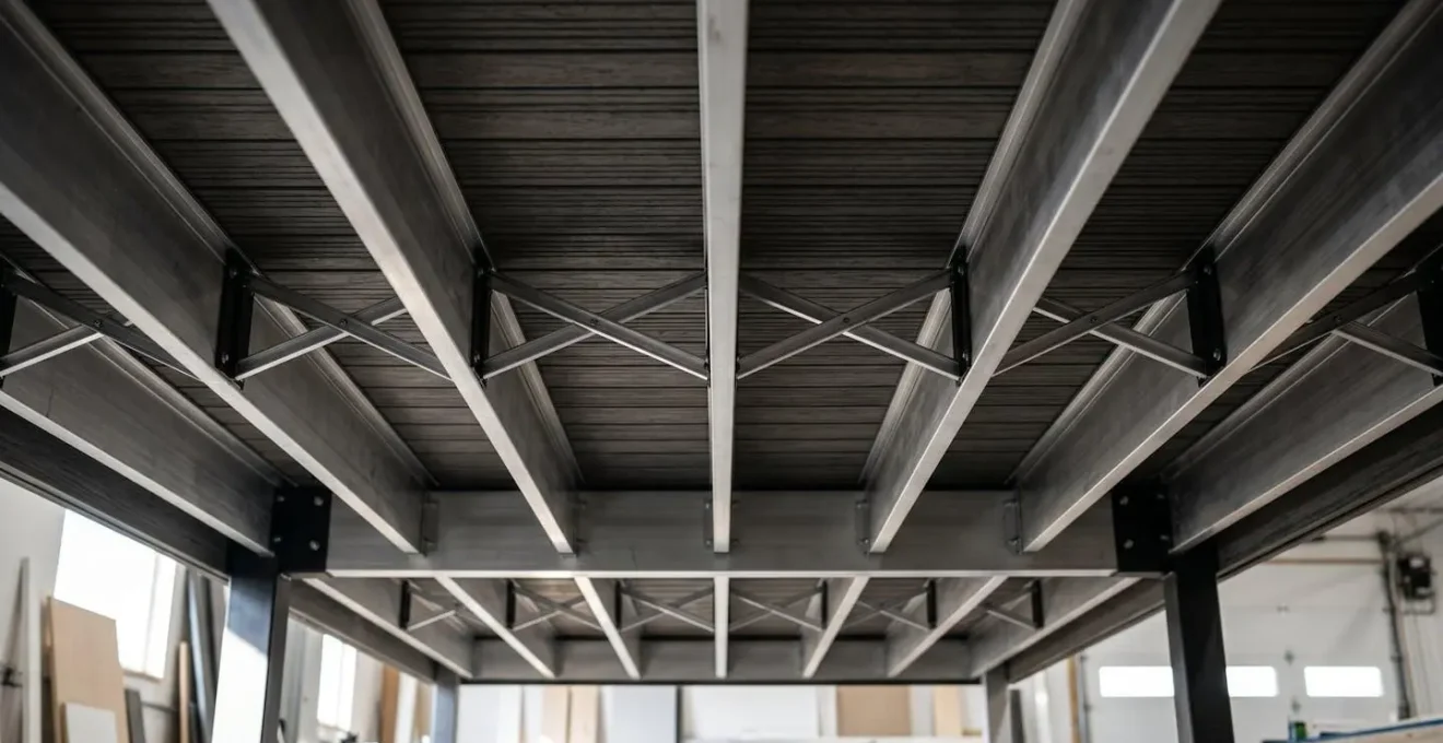 Vue en coupe montrant la sous-structure d'une terrasse composite avec lambourdes renforcées pour charges lourdes