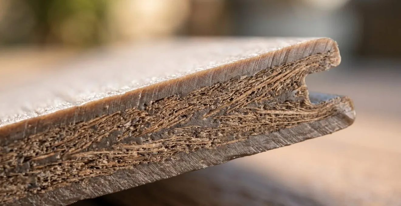 Détail macro de la structure d'une lame composite co-extrudée de qualité professionnelle