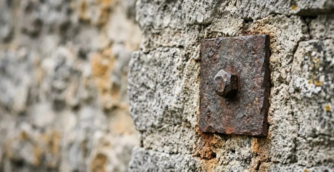 Détail rapproché d'un système de tirant métallique avec plaque d'ancrage discrète sur mur en moellons anciens