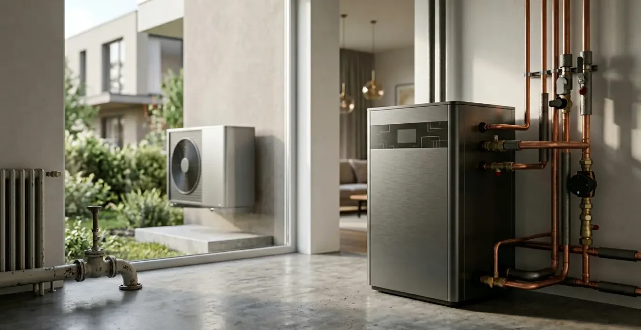 Installation moderne de pompe à chaleur air-eau remplaçant une ancienne chaudière dans une maison en rénovation énergétique