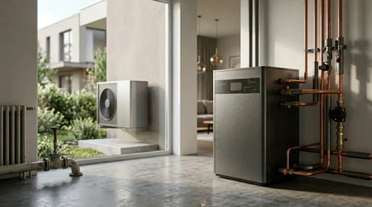 Installation moderne de pompe à chaleur air-eau remplaçant une ancienne chaudière dans une maison en rénovation énergétique