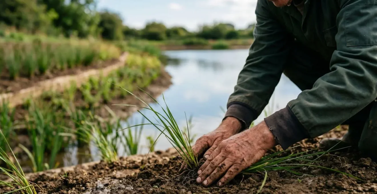 Stratification végétale des berges d'un bassin avec plantes de zones sèche, de battement et immergée