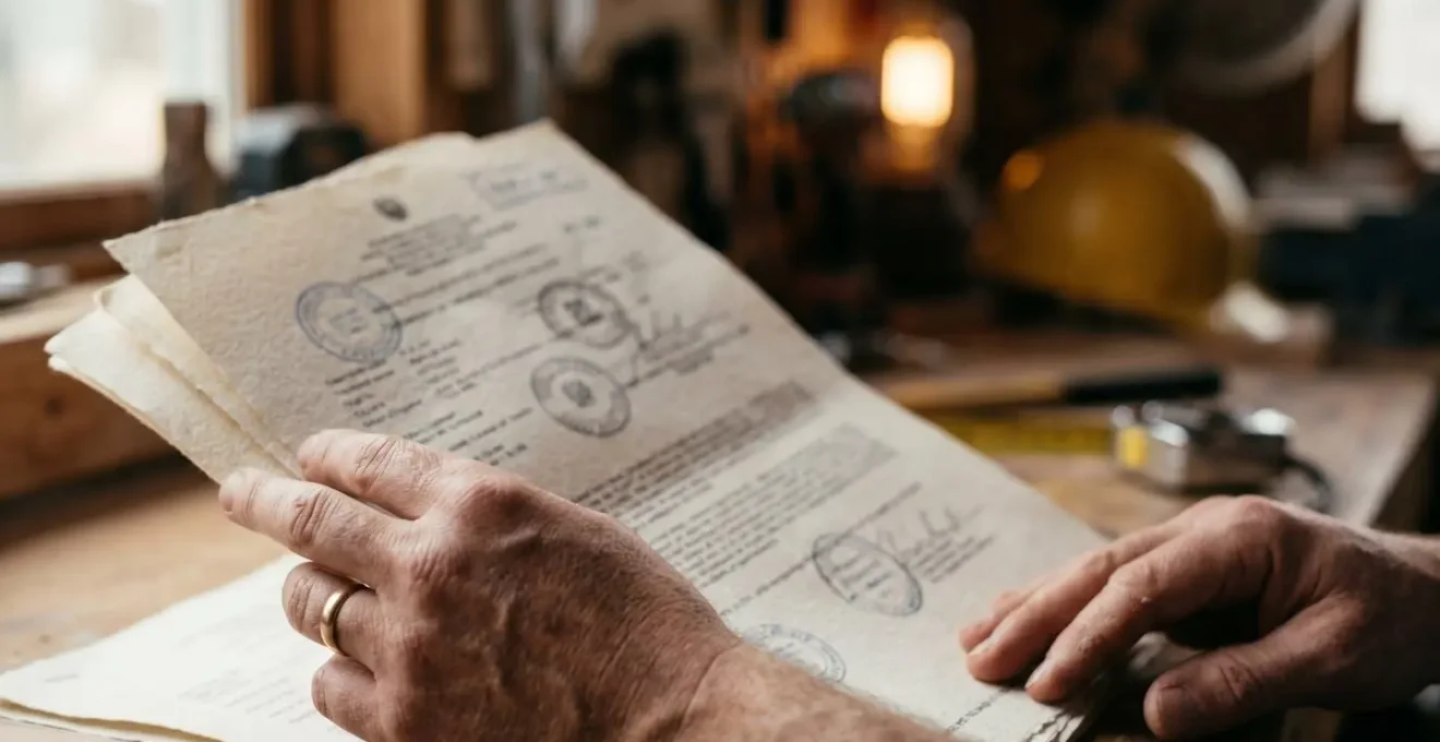 Gros plan sur les mains d'un propriétaire vérifiant des documents officiels de certification sur une tablette, avec des outils de chantier en arrière-plan flou