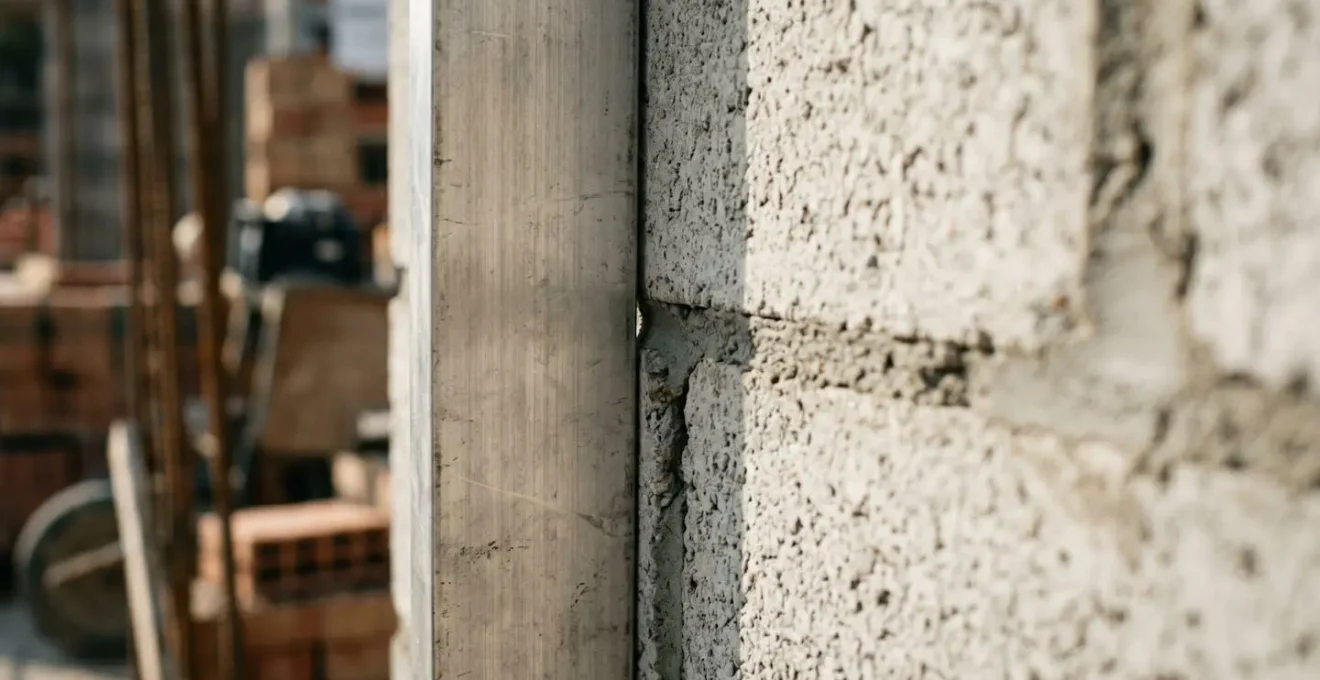 Vérification technique de la planéité d'un mur en construction avec une règle de maçon professionnelle